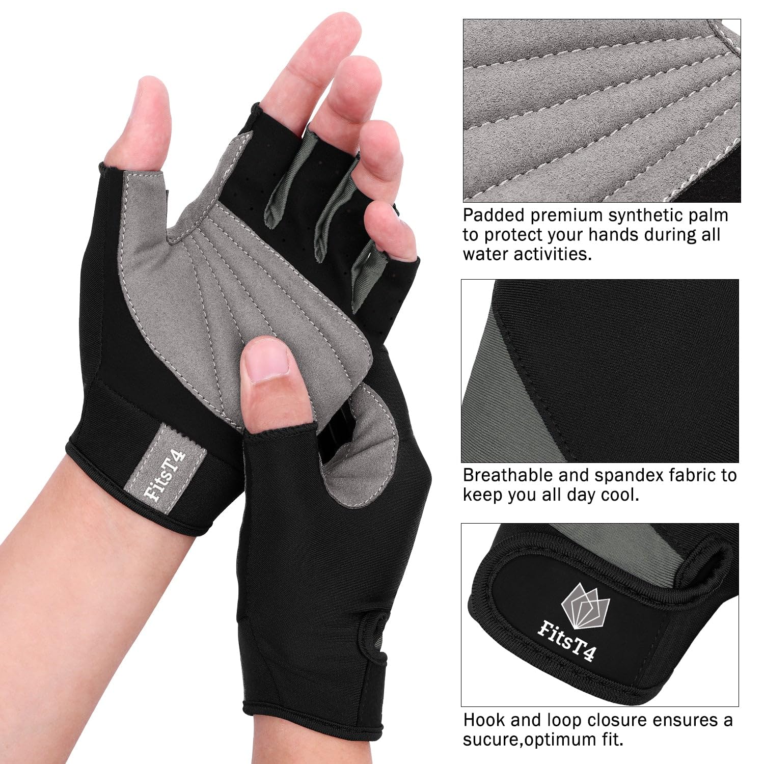 FitsT4 Sports Half Finger Padded Palm Gloves for Diving, Sailing, Jet Skiing, Stand-UP Boarding, Kayaking and Water Skiing, Suitable for Men&Women&Youth - Image 4
